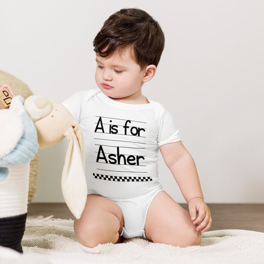 Asher Baby Name Gift  A is for First Day of Day Care Baby short sleeve one piece