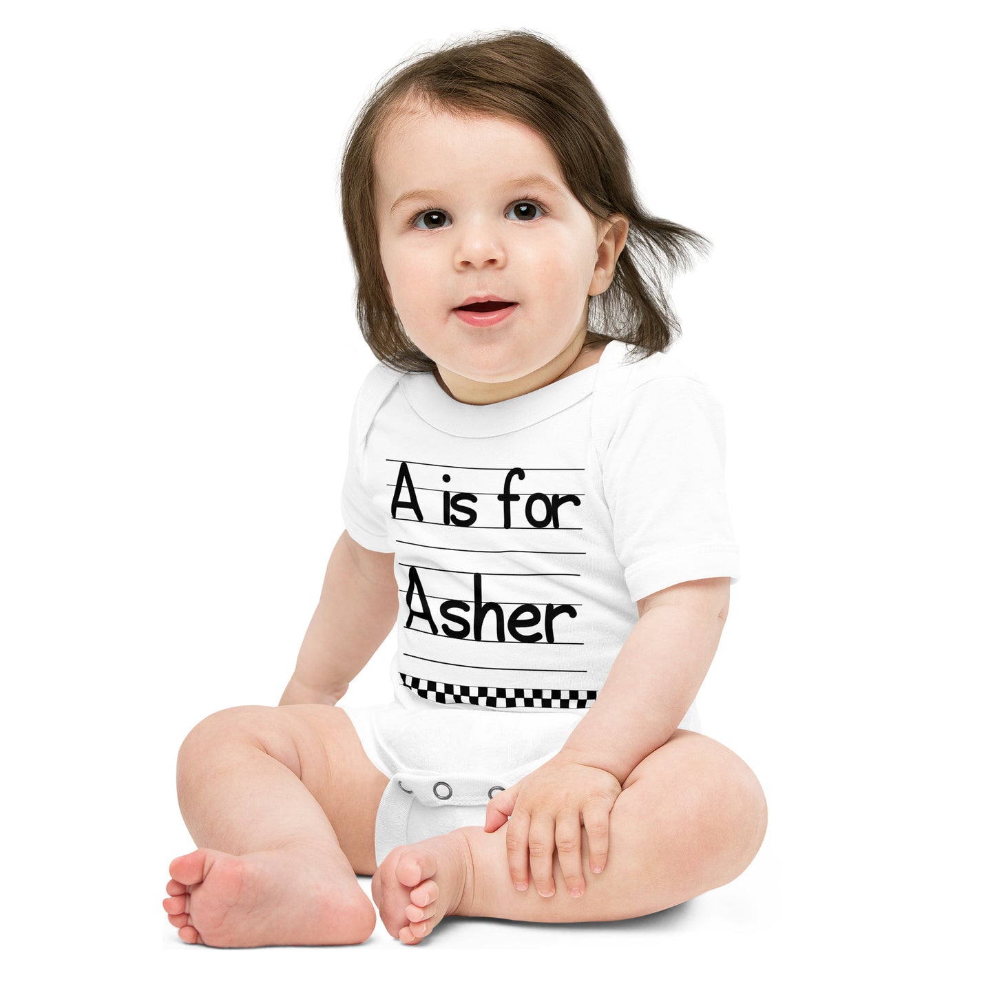 Asher Baby Name Gift  A is for First Day of Day Care Baby short sleeve one piece