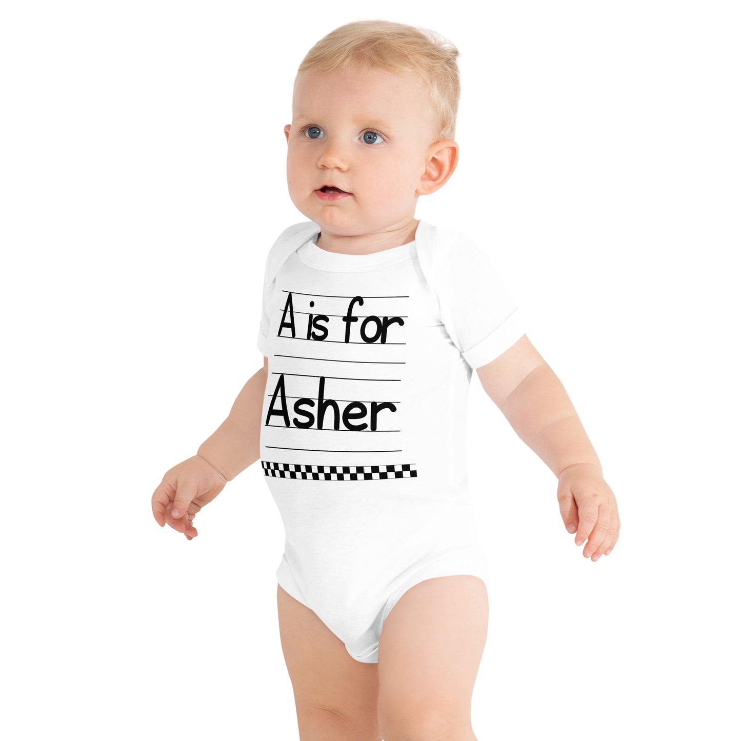 Asher Baby Name Gift  A is for First Day of Day Care Baby short sleeve one piece