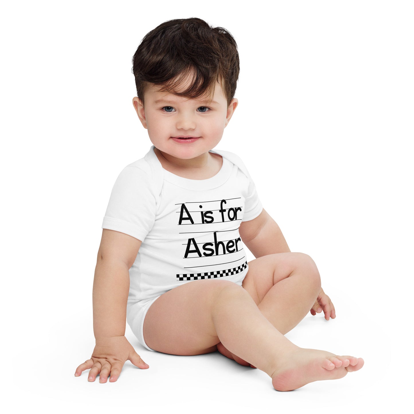 Asher Baby Name Gift  A is for First Day of Day Care Baby short sleeve one piece